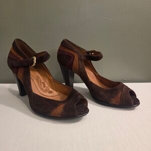 Sofft Women's Leather & Suede Open Toe Heels Size 8 Brown & Burgundy